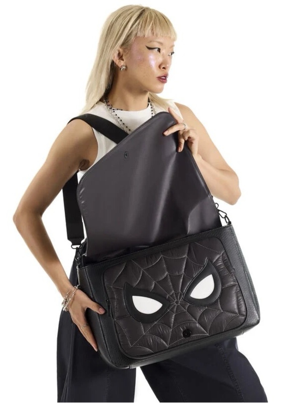 Marvel Black Messenger Bag Loungelfy with White Spider Emblem